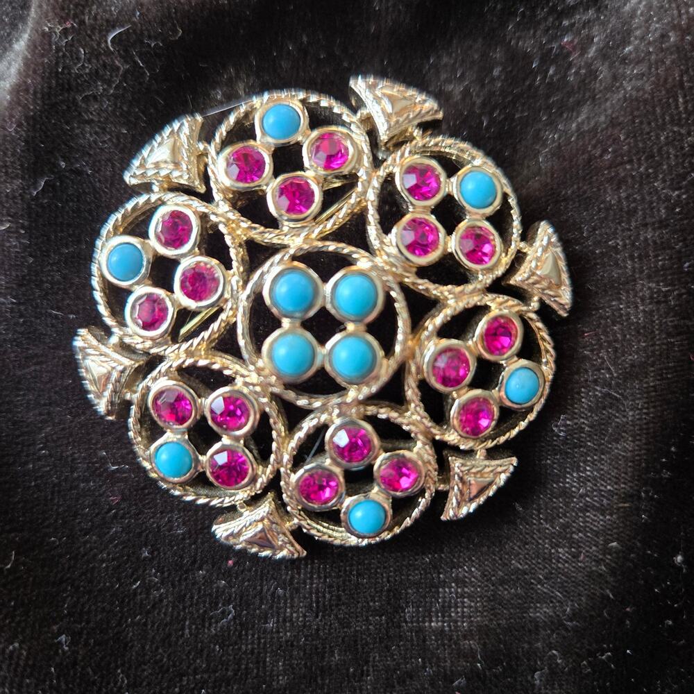 Vintage Sarah Coventry Gold Brooch with Turquoise‎ & Pink Rhinestones Signed Pin